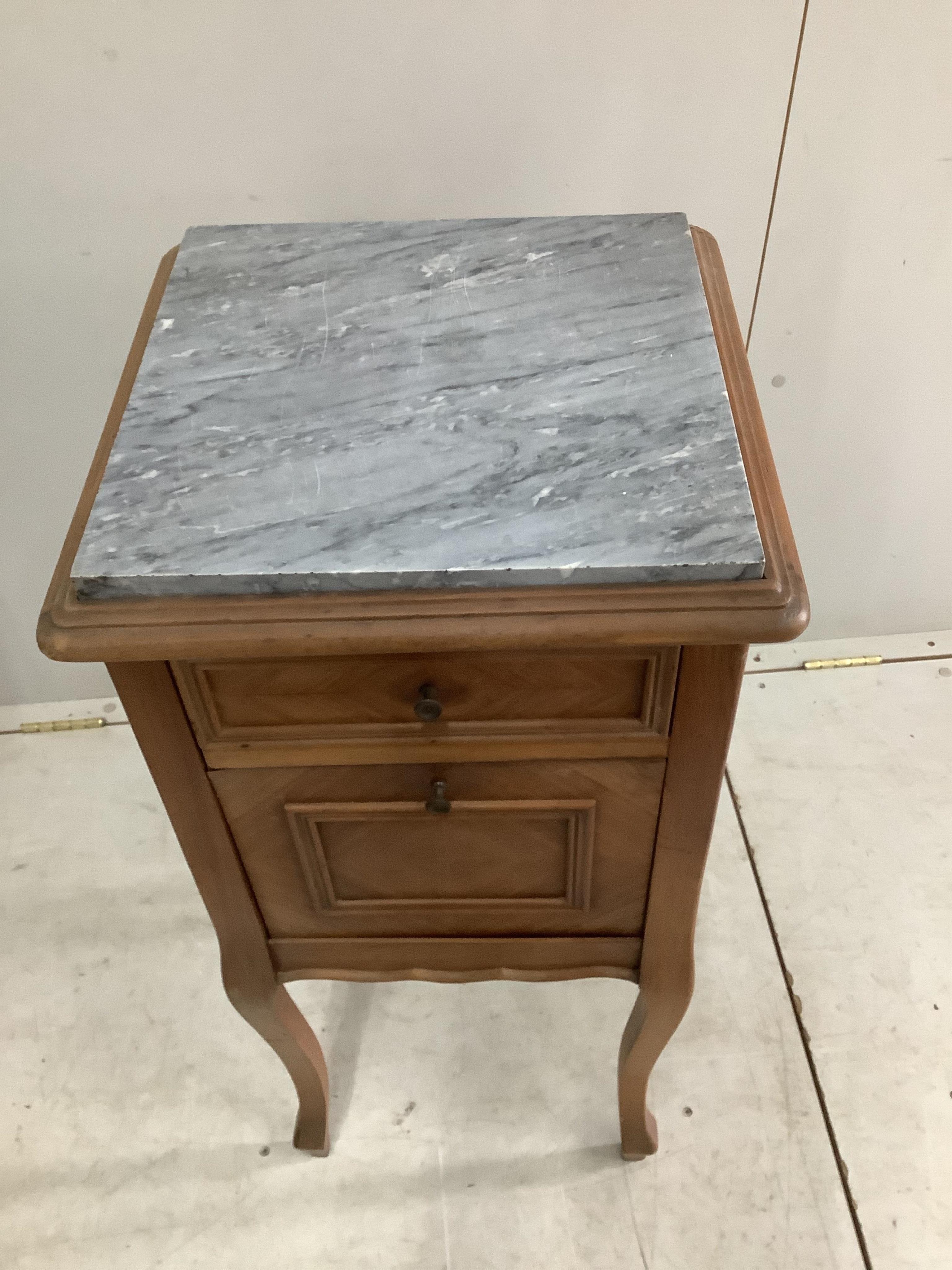 A pair of French marble top walnut bedside cabinets, width 38cm, depth 38cm, height 85cm. Condition - fair to good